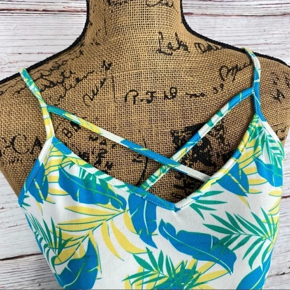 Poof Leafy Palm Print Tie‎ Front Strappy Neckline Tank Top Green Yellow Large